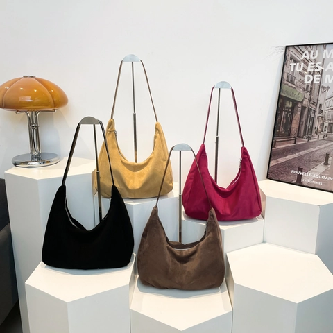 Große Hobo Schultertasche Wildleder PU Minimalistisch Vintage Halbmond Tote Für Damen Alltag