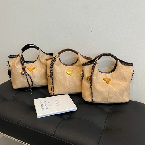 Bolso Cubo Mujer Cuero PU Vintage Color Contraste Bolso Hombro Cruzado Tote Colgante Tejido Tendencia Versátil