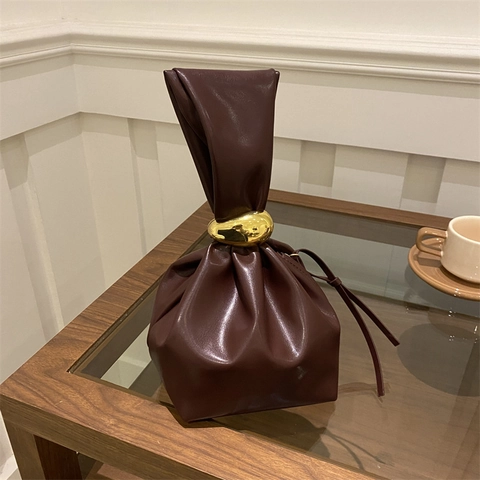 Women Bucket Handbag PU Leather Vintage Pleated Gold Metal Buckle Fashion Solid Color Niche Design Small Bag