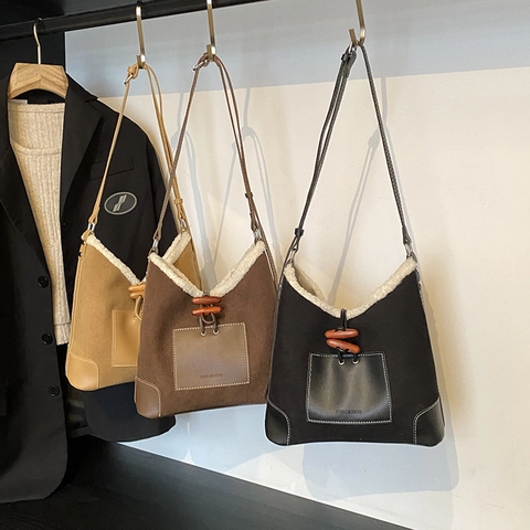 Borsa A Spalla Retrò In Velluto A Coste E Finta Lana Di Agnello Patchwork Tote Con Bottone In Corno Di Legno Grande Capacità Inverno Donna