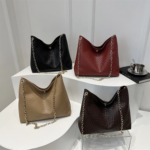 Damen Schultertasche PU Leder Webmuster Goldkette Große Kapazität Drehverschluss Vintage Hobo Tasche