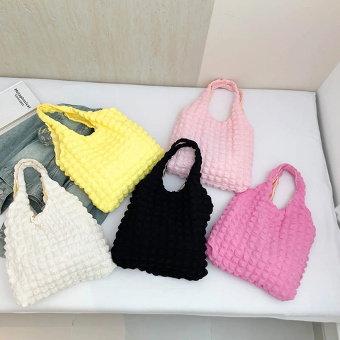 Women Shoulder Bag Popcorn Texture Bubble Fabric Solid Color Casual Streetwear Large Capacity Tote