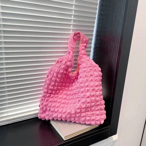 Women Shoulder Bag Popcorn Texture Bubble Fabric Solid Color Casual Streetwear Large Capacity Tote