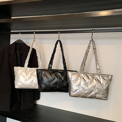 Borsa Tote Trapuntata Da Donna Con Tracolla Arricciata Imbottita Metallizzata Grande Capacità Borsa A Spalla Casual