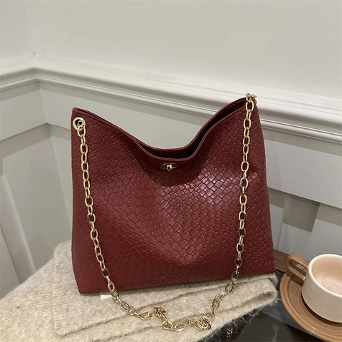 Damen Fashion Gewebt Gittermuster PU Leder Schultertasche Große Kapazität Goldene Kette Strap Retro Hobo Tote Tasche Daily Casual