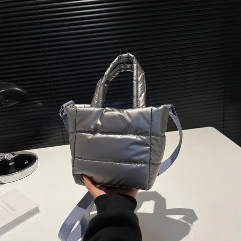 Metallische Gesteppte Puffer Tote Tasche Leicht Glänzend Wasserdicht Schulter Umhängetasche Winter Mode Frauen