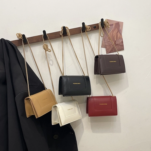 Women Vintage Mini Square Bag PU Leather Gold Chain Shoulder Crossbody Bag Flap Compact Solid Color Trendy