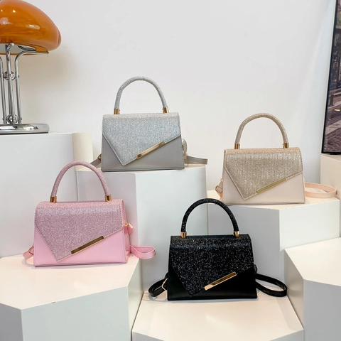 Women Glitter PU Leather Crossbody Bag Contrast Color Sequin Handbag With Gold Metal Trim Stylish Commuter Shoulder Bag