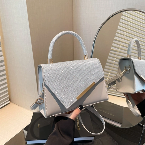 Borsa A Mano Glitterata Da Donna In Pelle PU Piccola Borsa A Tracolla Quadrata Con Manico Superiore E Finiture In Metallo