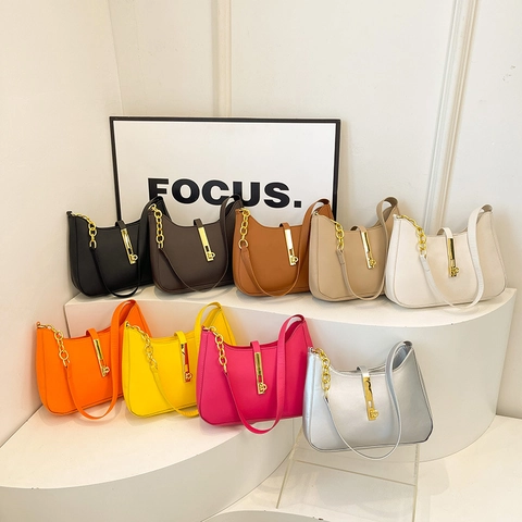 Women Chic Hobo Shoulder Bag PU Leather Gold Metal Buckle Chain Strap Minimalist Underarm Handbag Solid Color Daily