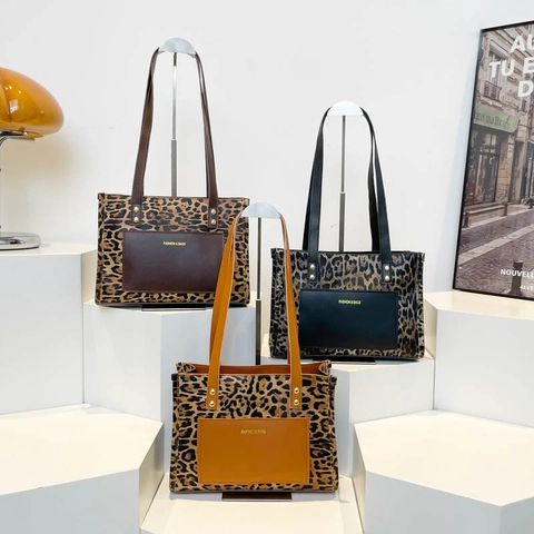 Women Leopard Print Tote Bag PU Leather Vintage Shoulder Handbag Fashion Spliced Design Casual Commuter Carryall Streetwear
