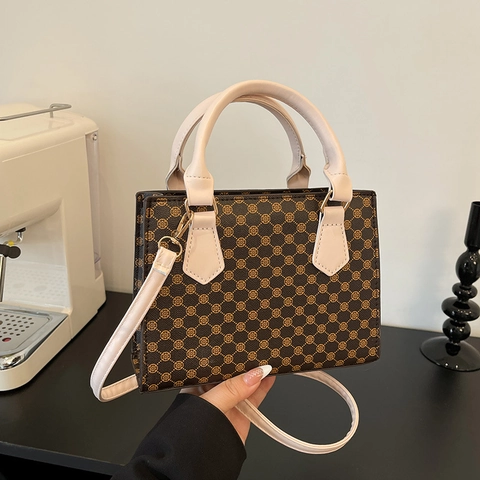 Women Retro Geometric Print Handbag PU Leather Small Tote Crossbody Bag With Adjustable Strap Vintage Fashion Satchel