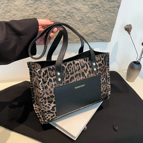 Women Leopard Print Tote Bag PU Leather Vintage Shoulder Handbag Fashion Spliced Design Casual Commuter Carryall Streetwear