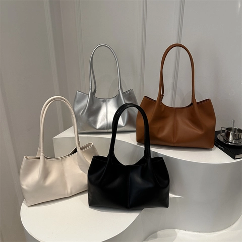 Minimalist Solid Color PU Leather Tote Bag Large Capacity Shoulder Handbag With Magnetic Closure For Women