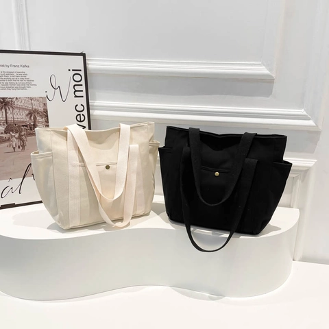 Borsa Tote In Tela Di Grande Capacità Borsa A Spalla Minimalista Con Tasche Multiple Per Donne Pendolarismo Scuola Quotidiano