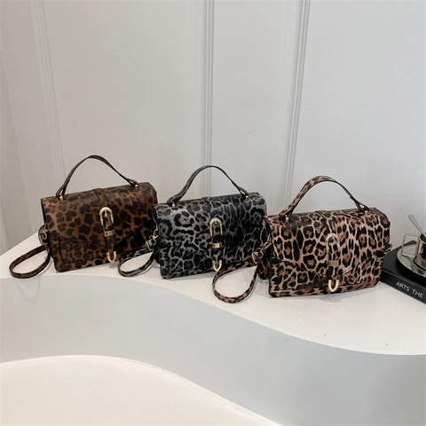 Leopard Print Square Crossbody Bag PU Leather Flap Golden Buckle Retro Shoulder Handbag For Women