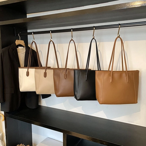 Minimalist PU Leather Tote Bag Large Capacity Commute Shoulder Bag For Women Retro Urban Fashion Solid Handbag