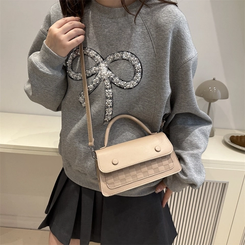 Women Retro PU Leather Crossbody Bag Checkered Texture Top Handle Handbag Round Buttons Flap Shoulder Bag
