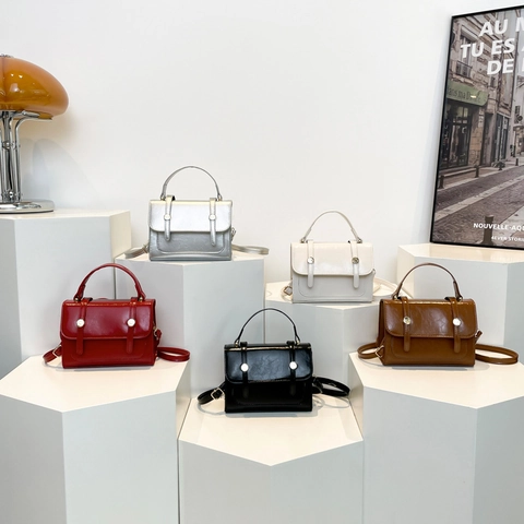 Women Vintage PU Leather Handbag Glossy Small Square Crossbody Bag With Top Handle And Adjustable Strap Minimalist Fashion