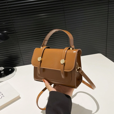 Women Vintage PU Leather Handbag Glossy Small Square Crossbody Bag With Top Handle And Adjustable Strap Minimalist Fashion