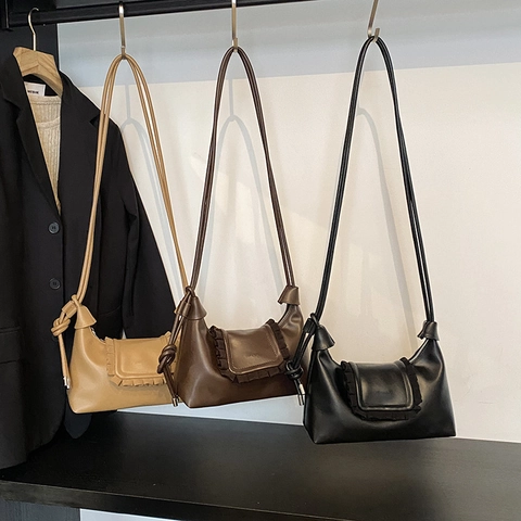 Vintage PU Leather Ruffle Flap Shoulder Bag With Knot Strap Elegant Square Crossbody Cloud Handbag For Women