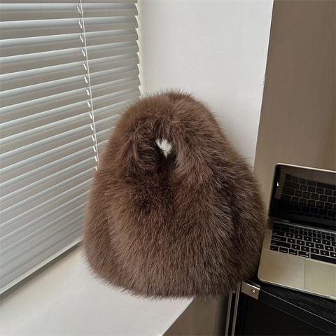 Faux Fur Handbag Women Soft Fluffy Plush Tote Bag Solid Color Minimalist Winter Casual Daily Fashion Accessory