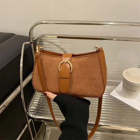 Retro Underarm Schultertasche Damen Wildleder PU Leder Nähte Goldene Runde Schnalle Vintage Französischer Stil