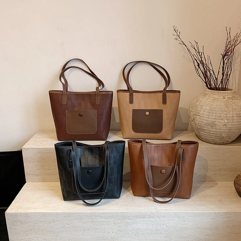 Damen Schultertasche Große Kapazität PU Leder Tote Bag Retro Gewebte Textur Mit Vorderer Knopftasche Kontrastnähte