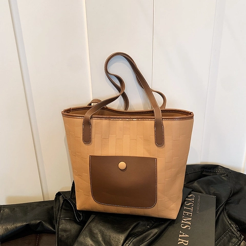 Damen Einkaufstasche Mit Großer Kapazität Retro PU-Leder Webstruktur Schultertasche Minimalistische Pendler-Handtasche Mit Vordertasche