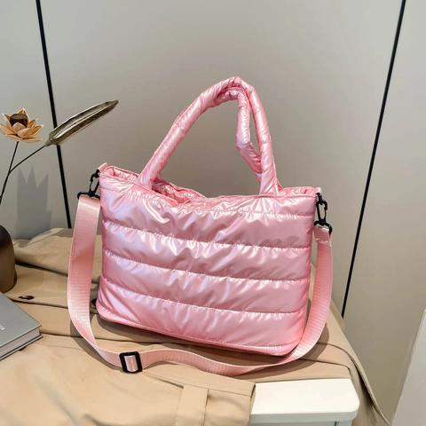 Bolso Tote Acolchado Brillante Bolso De Hombro Ligero De Algodón Espacial Color Sólido Gran Capacidad Para Mujer