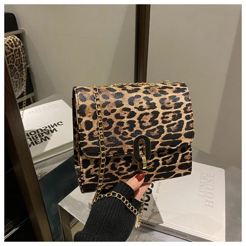 Leopard Print Small Square Bag Women PU Leather Crossbody Shoulder Handbag Gold Metal Chain Oval Lock Retro Trendy Chic