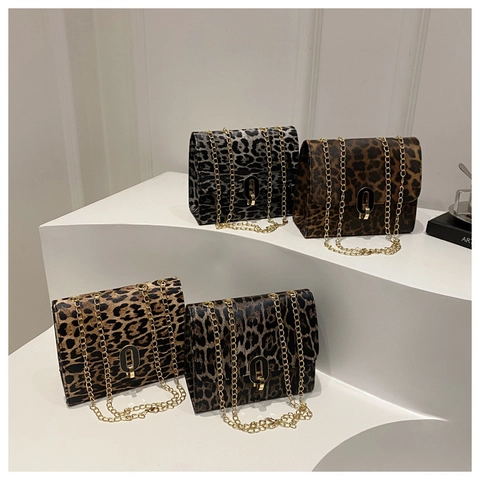 Leopard Print Small Square Bag Women PU Leather Crossbody Shoulder Handbag Gold Metal Chain Oval Lock Retro Trendy Chic