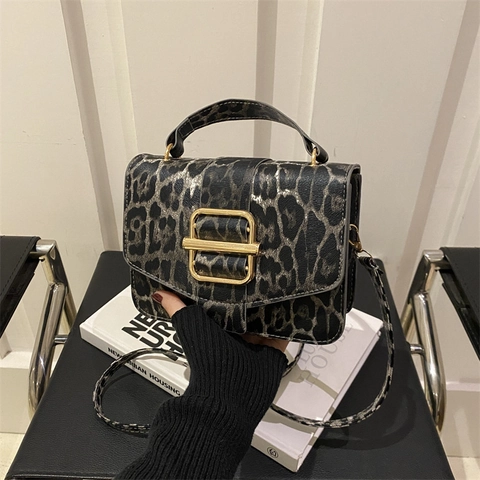 Leopard Print Crossbody Bag Women Vintage PU Leather Shoulder Handbag With Golden Metal Buckle Top Handle Square Fashion