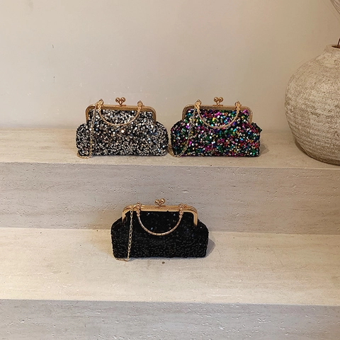 Pailletten Avondtas Glinsterende Schelp Handtas Met Kusssluiting En Kettingriem Vintage Party Crossbody Voor Dames