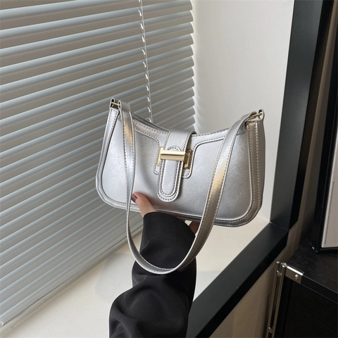 Retro PU Leder Achseltasche Für Damen Trendige Halbmond Baguette Schultertasche Mit Metallverschluss Elegant
