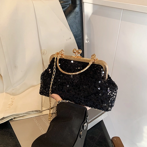 Pailletten Avondtas Glinsterende Schelp Handtas Met Kusssluiting En Kettingriem Vintage Party Crossbody Voor Dames