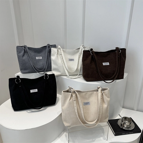 Corduroy Tote Bag Large Capacity Zipper Shoulder Handbag Minimalist Retro Aesthetic Women