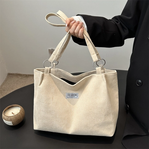 Corduroy Tote Bag Large Capacity Zipper Shoulder Handbag Minimalist Retro Aesthetic Women