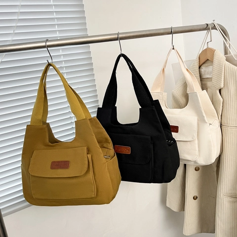 Bolso Tote De Lona Para Mujer Gran Capacidad Bolso De Hombro Con Bolsillo Delantero Minimalista Retro Casual Color Sólido