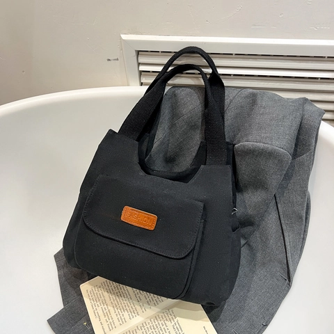 Bolso Tote De Lona Para Mujer Gran Capacidad Bolso De Hombro Con Bolsillo Delantero Minimalista Retro Casual Color Sólido