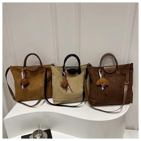 Faux Suede PU Leather Tote Bag Retro Minimalist Shoulder Crossbody Handbag With Plush Pendant For Women