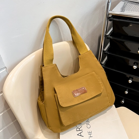 Dames Casual Canvas Tote Bag Grote Capaciteit Effen Kleur Schoudertas Eenvoudige Stiksels Woon-werkverkeer Tas Dagelijkse Tas
