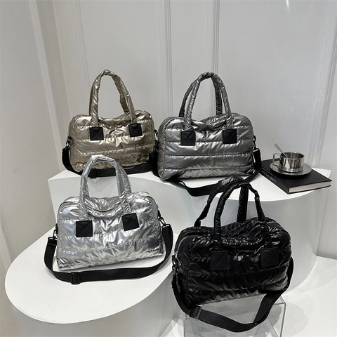 Metalen Gewatteerde Puffer Tote Tas Nylon Schoudertas Grote Capaciteit Met Verstelbare Afneembare Riem Voor Dames Dagelijks
