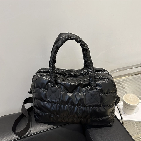 Metalen Gewatteerde Puffer Tote Tas Nylon Schoudertas Grote Capaciteit Met Verstelbare Afneembare Riem Voor Dames Dagelijks