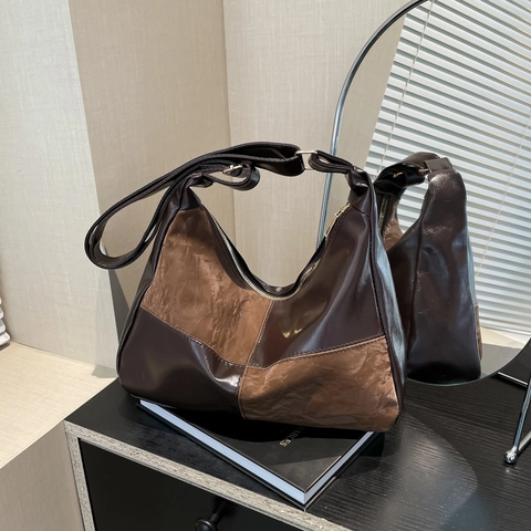 Borsa Hobo Patchwork In Pelle PU Grande Capacità Tracolla Regolabile Stile Minimalista Retrò Per Donna