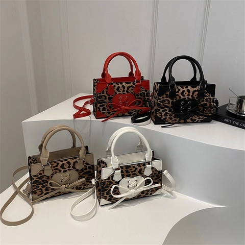Women Leopard Print PU Leather Crossbody Bag Heart Shaped Bow Decoration Retro Handbag Trendy Shoulder Purse With Top Handle