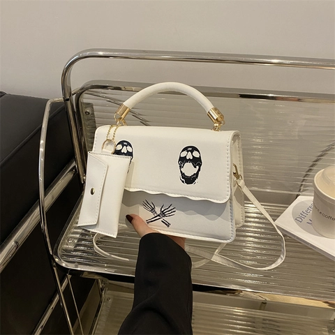 Borsa A Mano In Pelle PU Con Stampa Teschio Con Pochette Gotico Punk Streetwear Borsa A Tracolla Per Donna Tracolla Regolabile