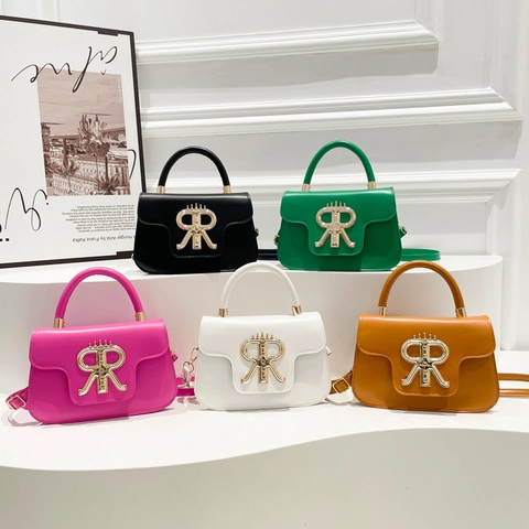 Women Chic PU Leather Small Square Shoulder Crossbody Bag With Gold Metal Logo Flap Handbag Daily Versatile Trendy