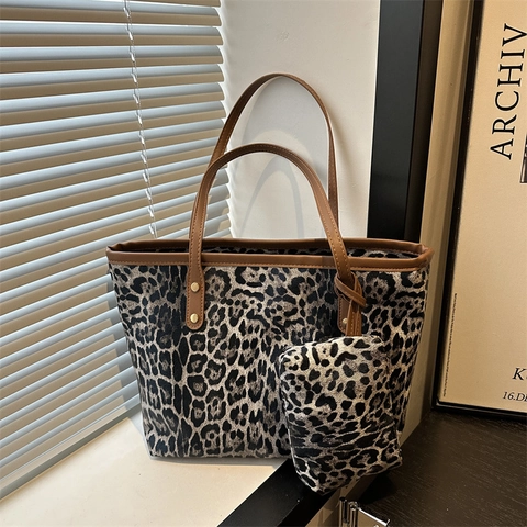 Damen Leopard Print Tote Bag PU Leder Große Kapazität Handtasche Und Kleine Geldbörse Retro Fashion Schultertasche