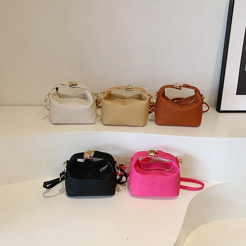 Women Woven Texture PU Leather Small Square Bag Crossbody Shoulder Bag With Top Handle Golden Hardware Fashion Handbag